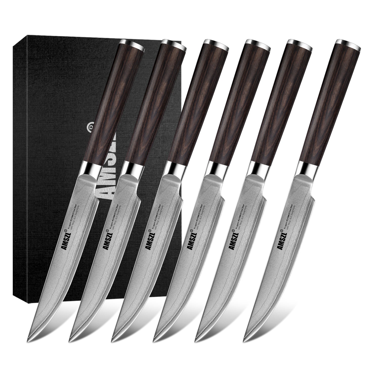 AMSZL 5.5" Steak Knives set of 4, 9Cr18MoV Clad Steel Core Forged Straight Edge Steak Knife - Pakka Handle - Gift Box