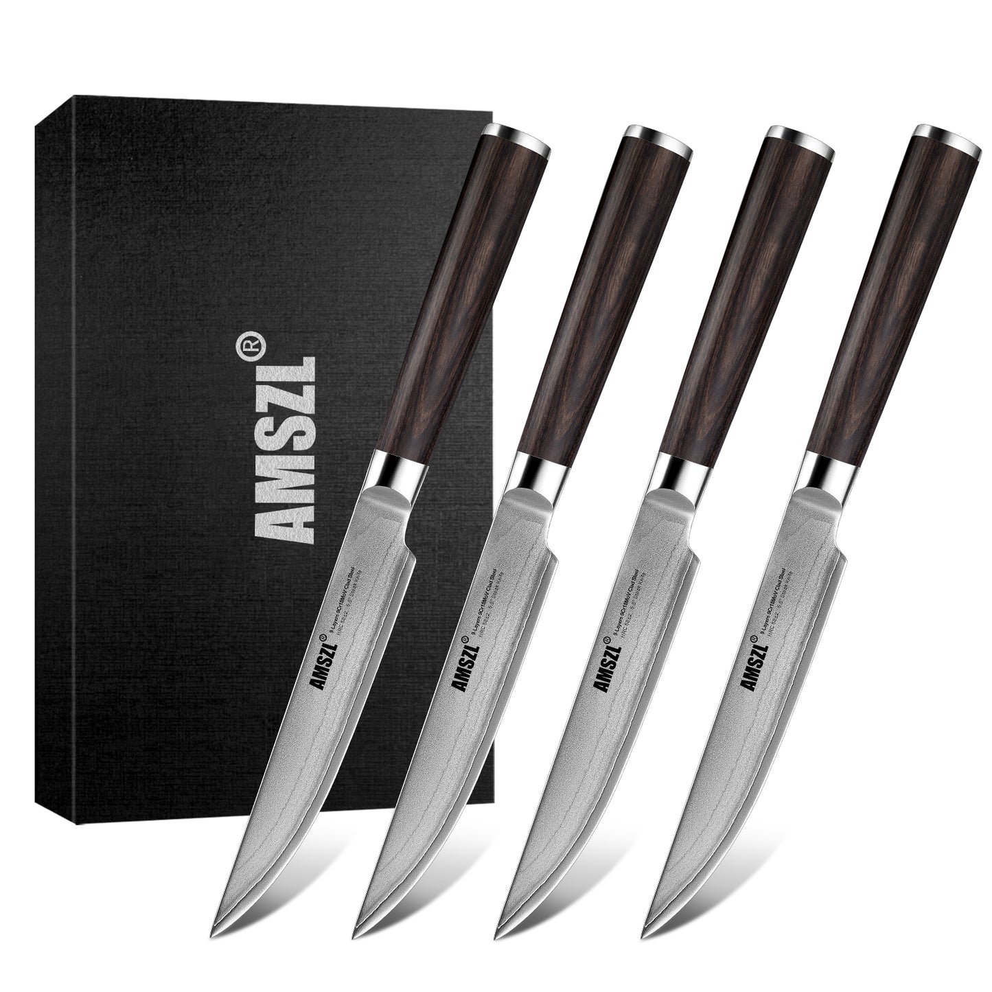 AMSZL 5.5" Steak Knives set of 4, 9Cr18MoV Clad Steel Core Forged Straight Edge Steak Knife - Pakka Handle - Gift Box